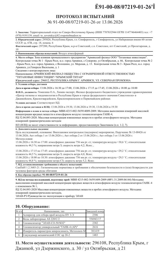 Глава Армянска опубликовал результаты проб воздуха после аварии на химзаводе в Крыму